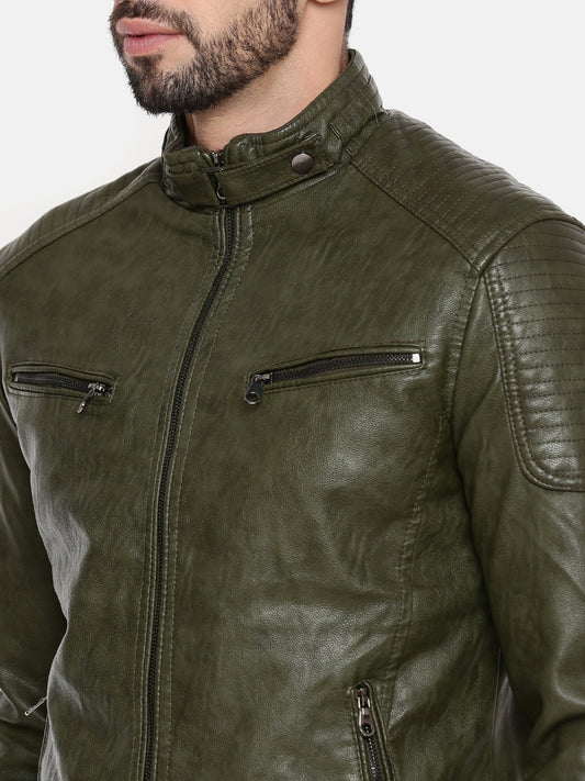 Men Olive Green Solid Biker Jacket | QAWACH