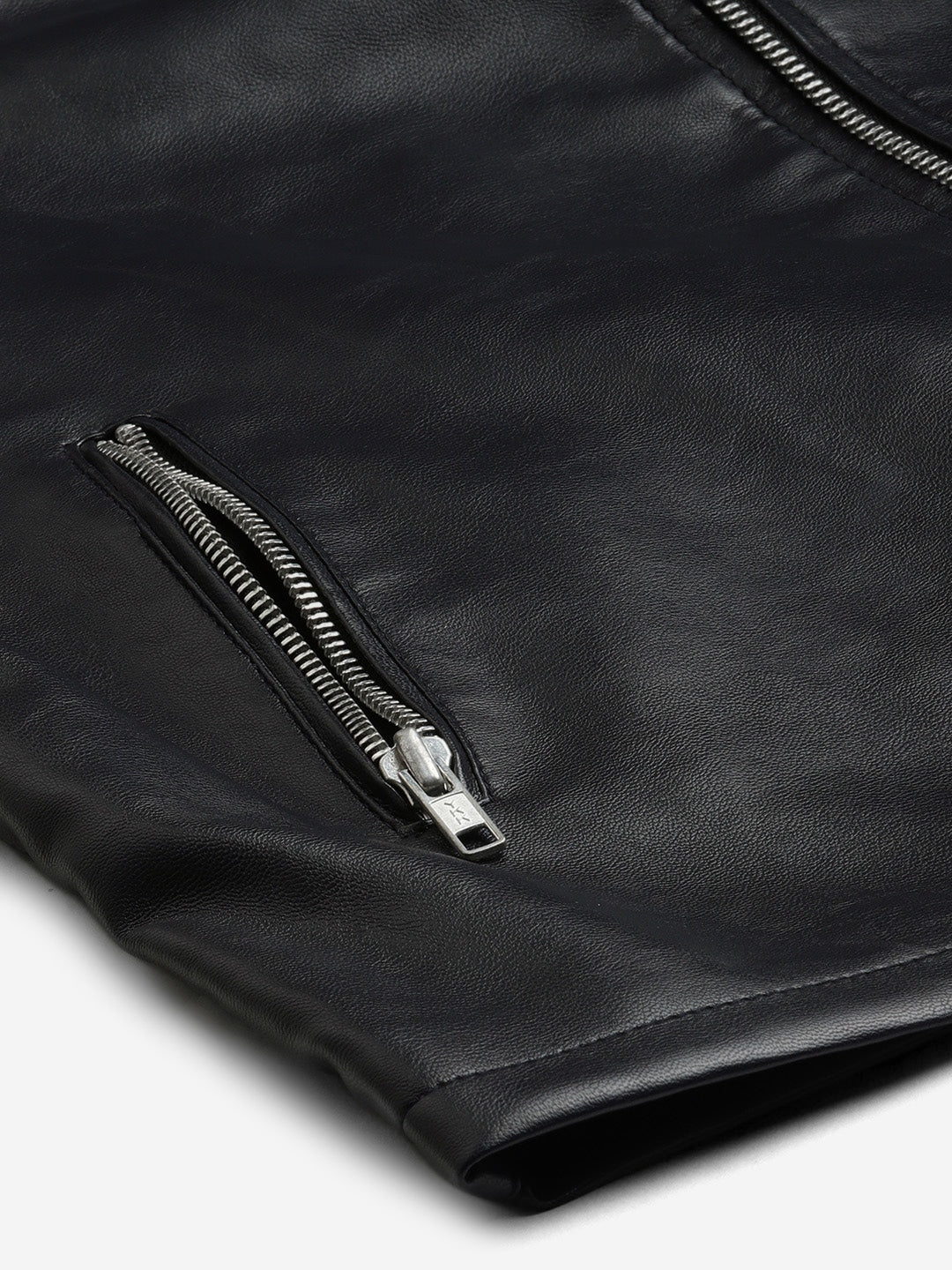 Men Navy Blue Solid Leather Jacket | QAWACH