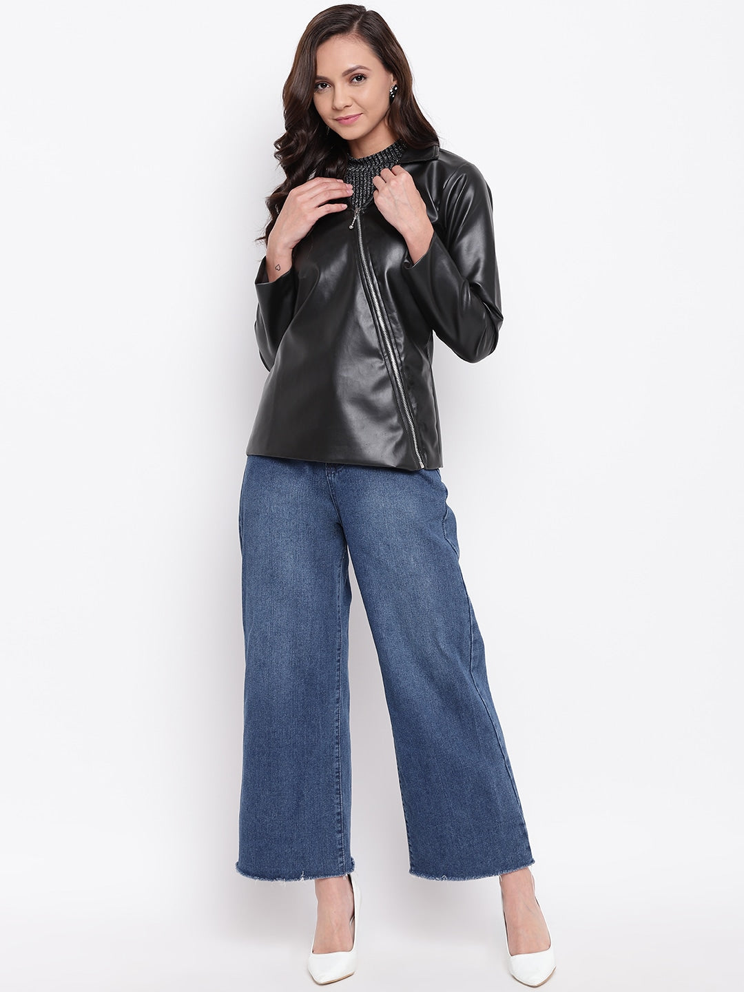 Women Black Solid Leather Jacket | QAWACH