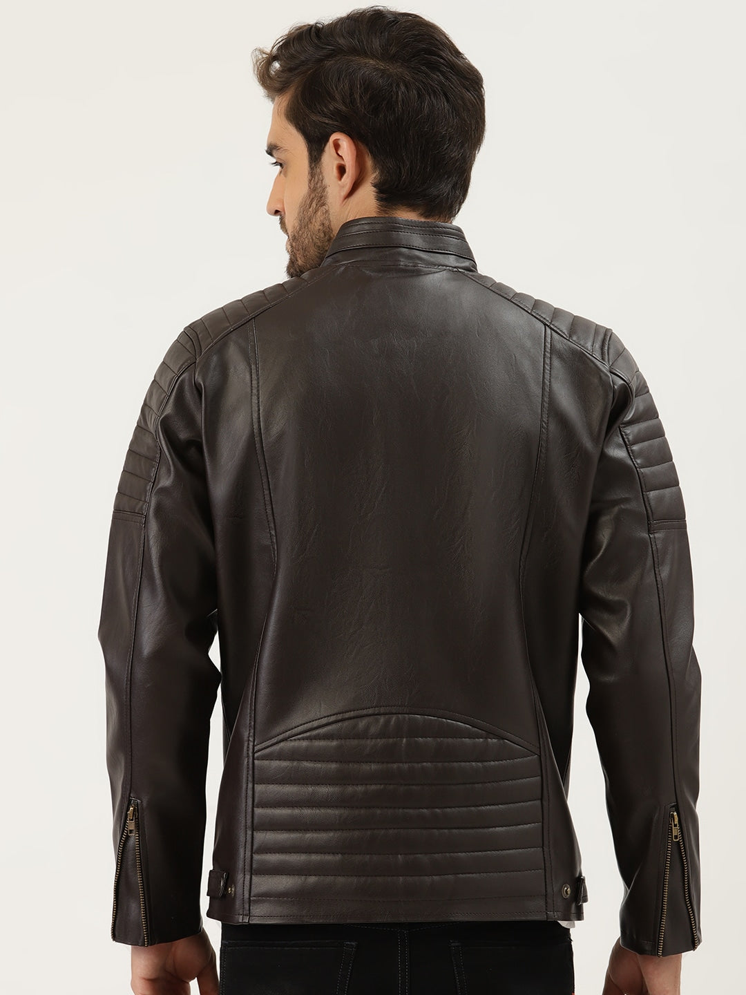 Men Coffee Brown Solid Leather Jacket | QAWACH