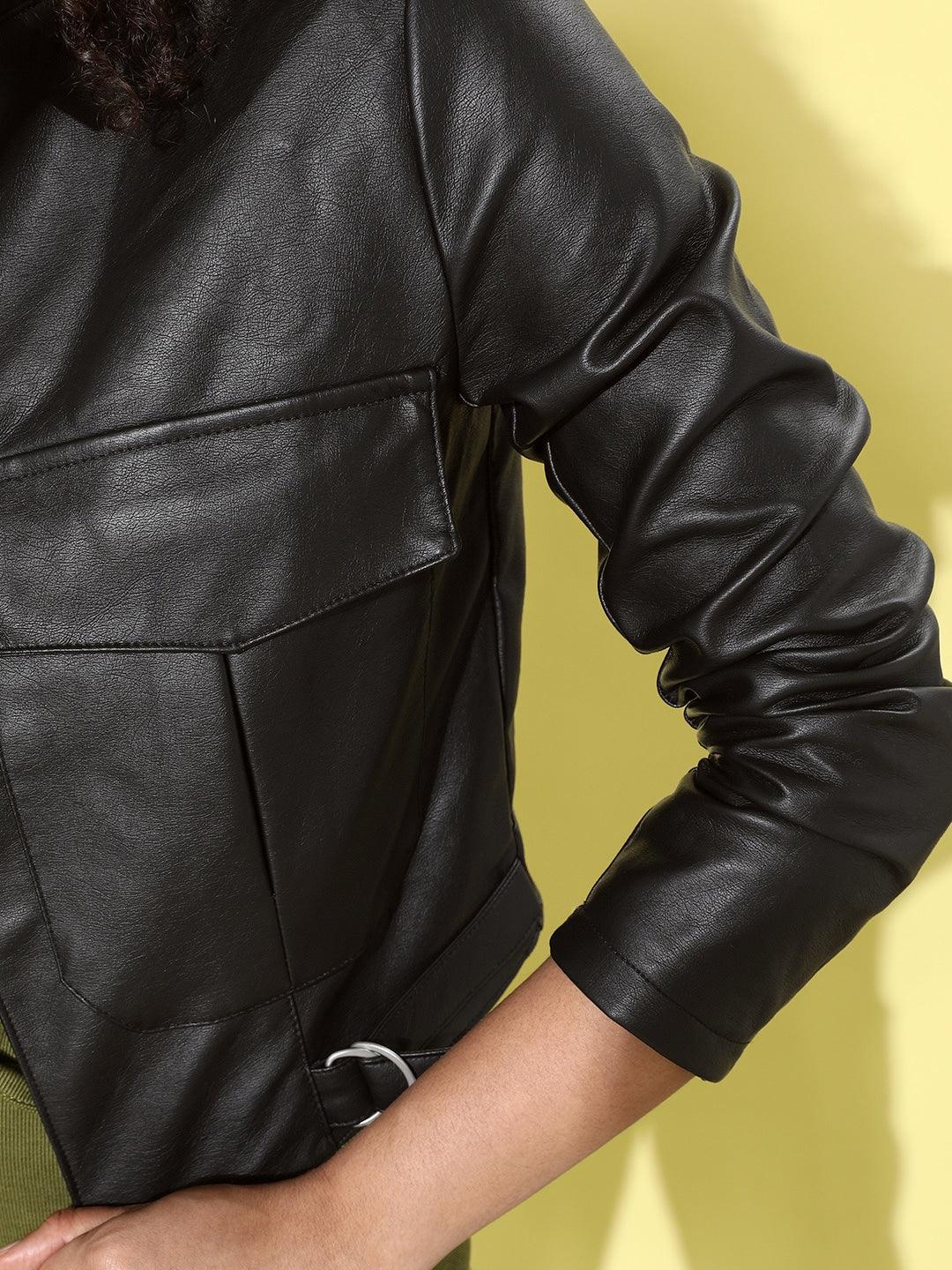 Women Black Crop Biker Jacket - Qawach Leather