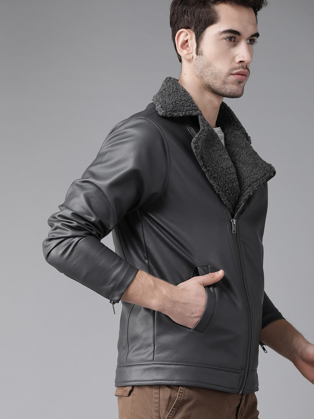 Men Charcoal Grey Solid Biker Jacket | QAWACH