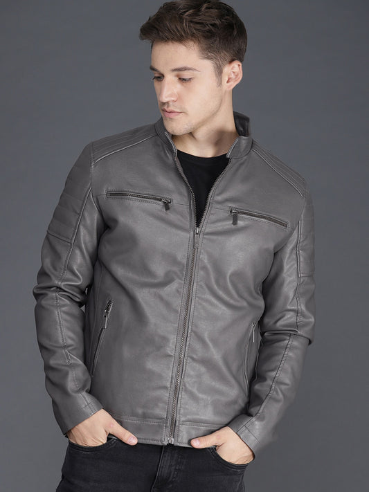 Men Olive Green Solid Biker Jacket | QAWACH