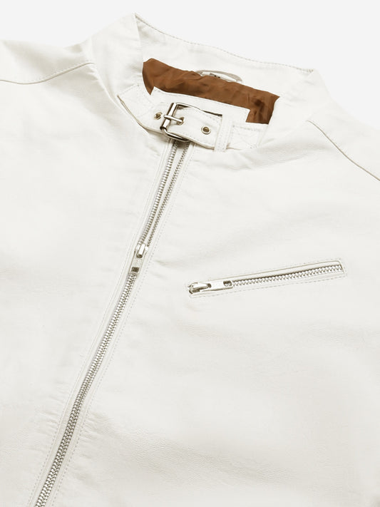 Men White Solid Leather Jacket for sale | QAWACH