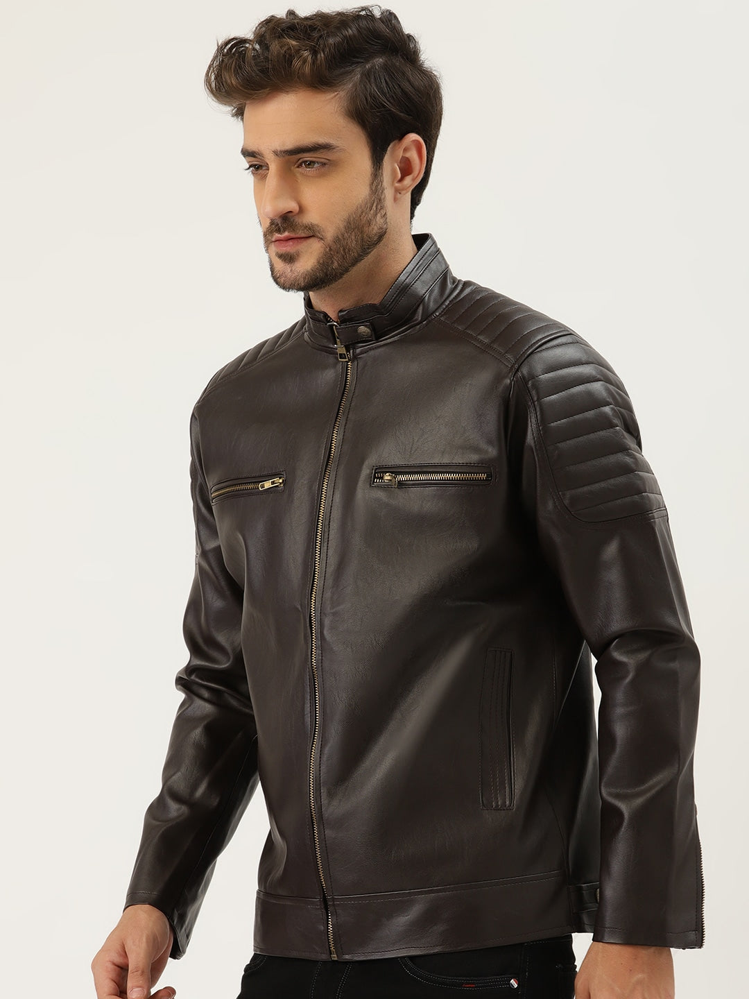 Men Coffee Brown Solid Leather Jacket | QAWACH