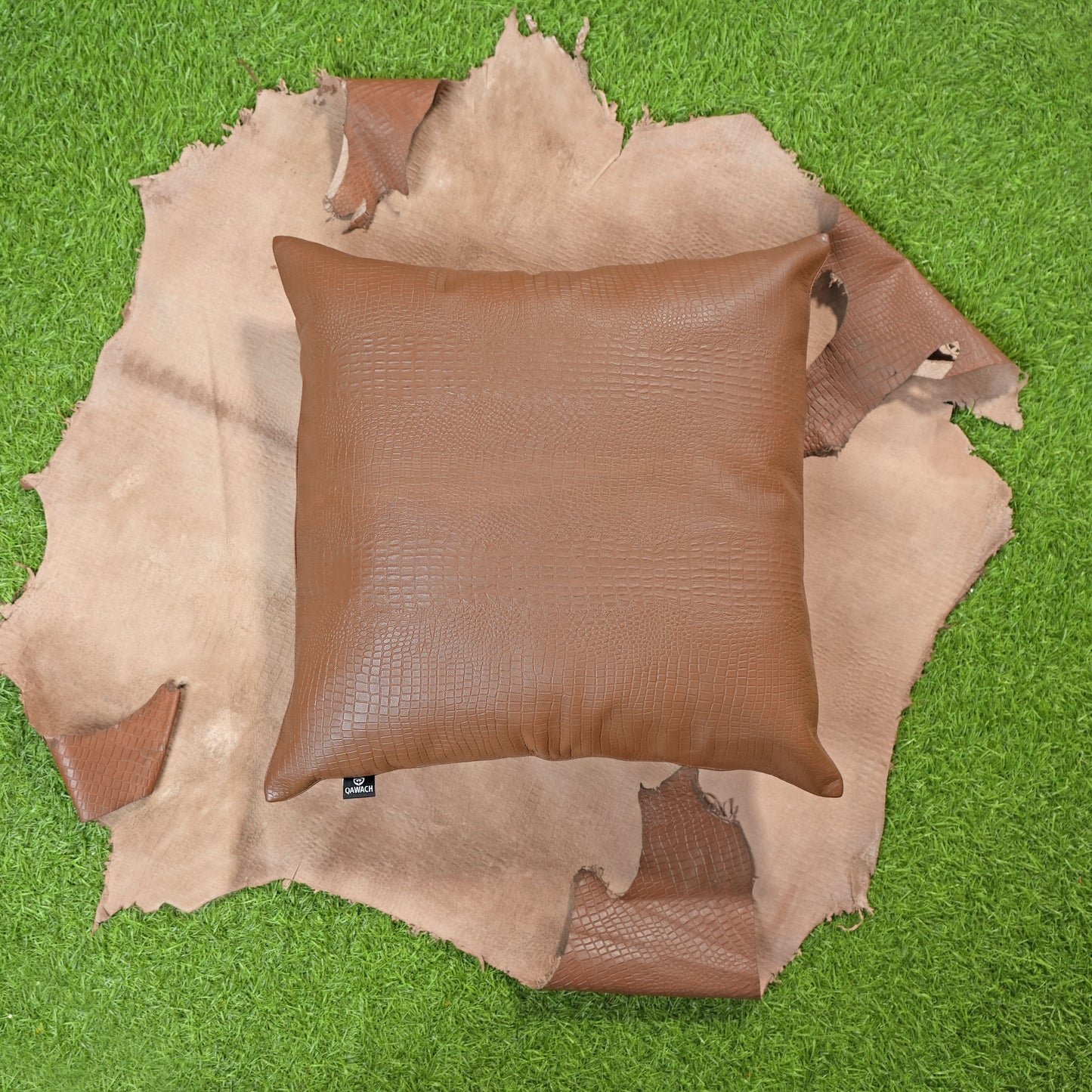 QAWACH Brown Croc Pattern Genuine Leather Pillow Cover