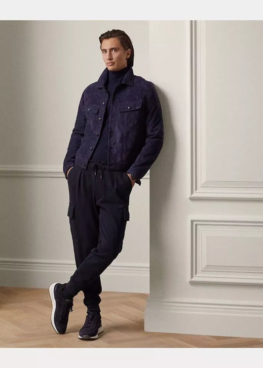 Qawach Men's Royal Blue Suede Leather Trucker Jacket Pure Suede Lambskin Leather Coat