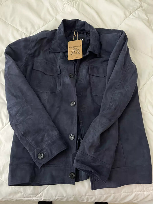 Qawach Men's Blue Leather Trucker Jacket Pure Suede Custom Made Soft Lambskin Jacket