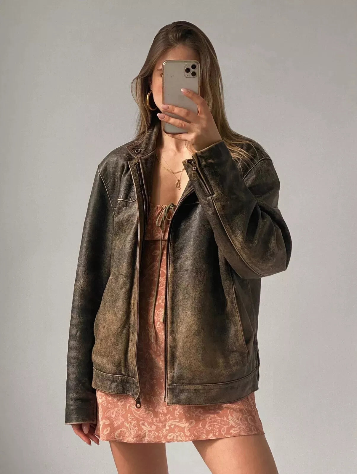 Qawach 60s Oversized Leather Jacket Women's Handmade Distressed Brown Genuine Leather