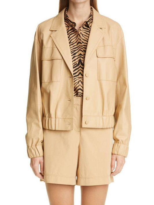 Women Beige Leather Bomber Jacket # 2 - Qawach Leather