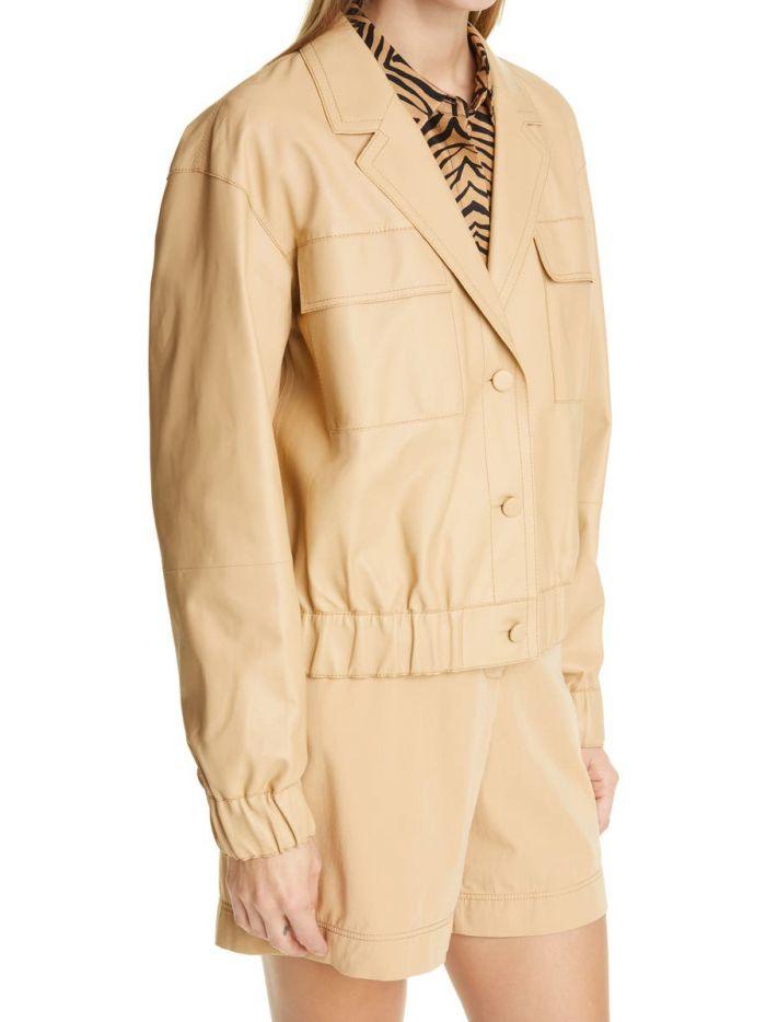 Women Beige Leather Bomber Jacket # 2 - Qawach Leather
