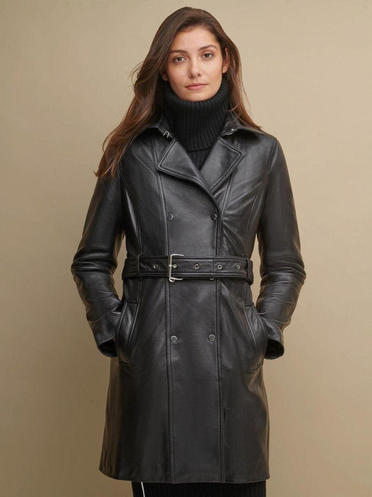 CLASSIC BLACK LEATHER BELTED TRENCH COAT - Qawach Leather