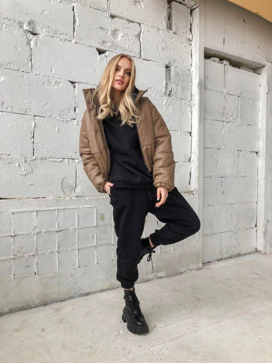 Women Crop Leather Puffer Jacket - Qawach Leather