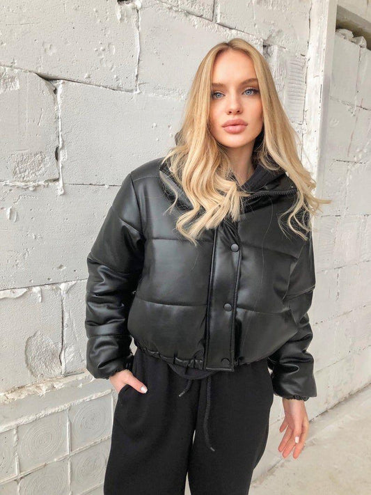 Women Crop Black Leather Puffer Jacket - Qawach Leather