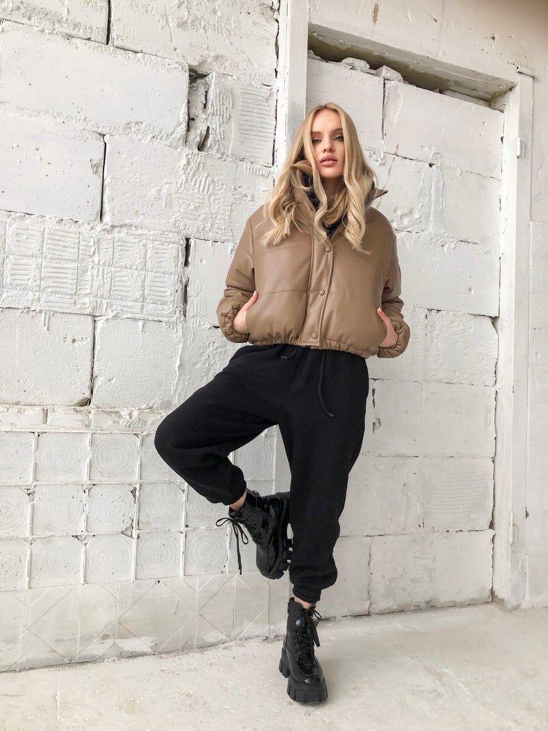 Women Crop Leather Puffer Jacket - Qawach Leather