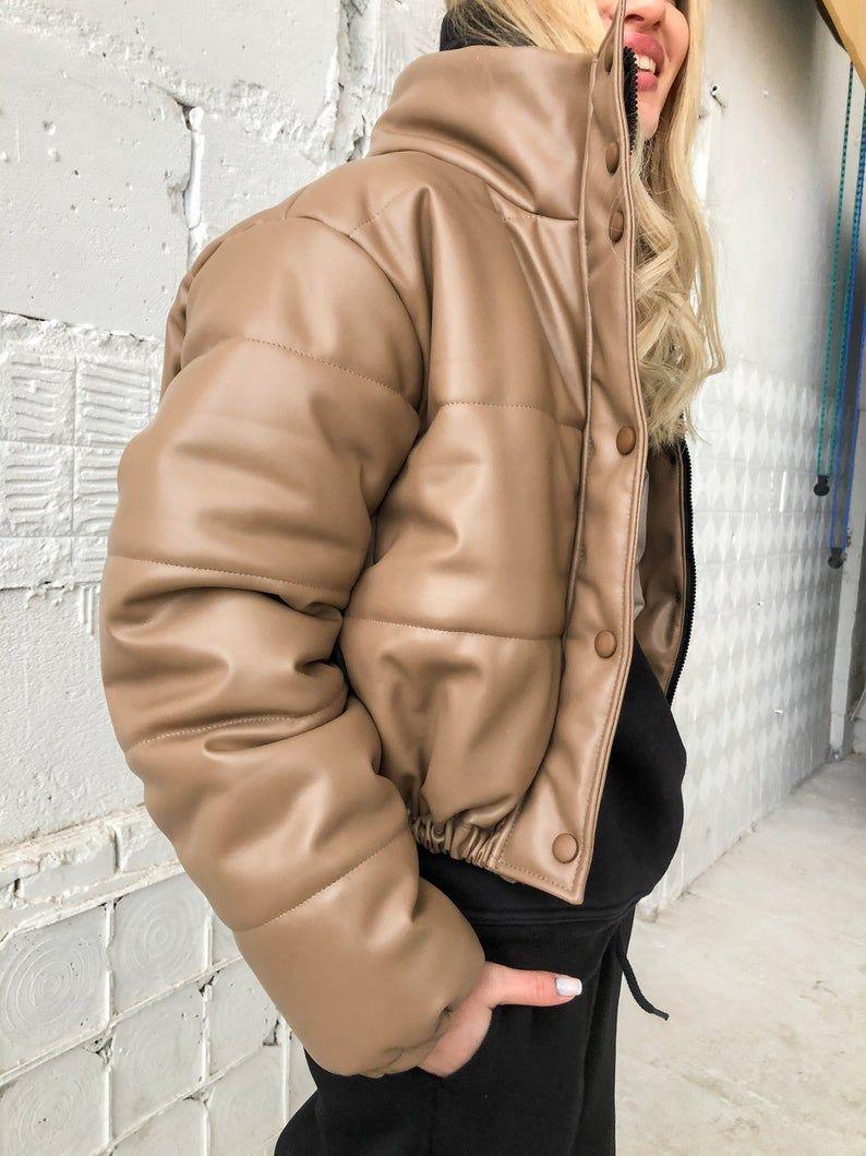 Women Crop Leather Puffer Jacket - Qawach Leather