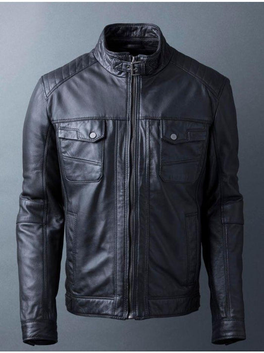 BLACK UNIQUE BIKER LEATHER JACKET - Qawach Leather