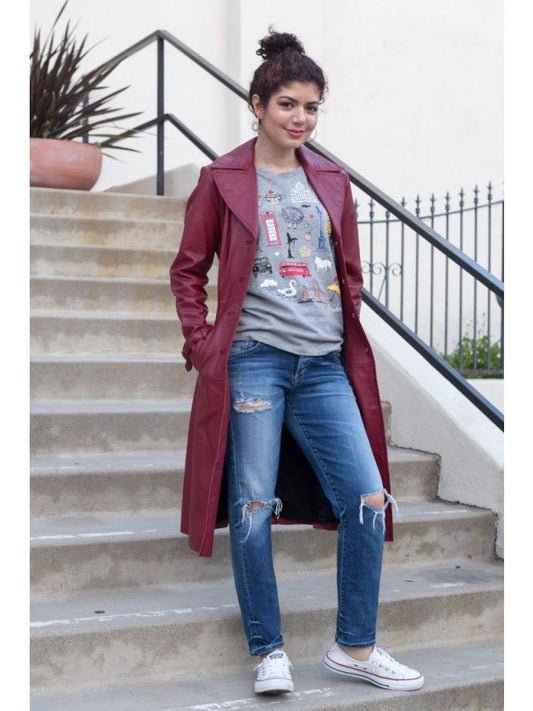 MAROON LEATHER TENCH COAT FOR WOMEN'S - Qawach Leather