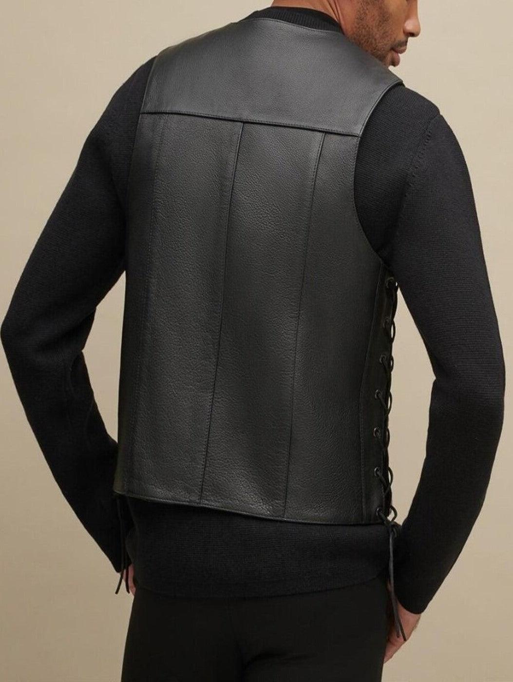 LEATHER BIKER LACE-UP LEATHER VEST - Qawach Leather