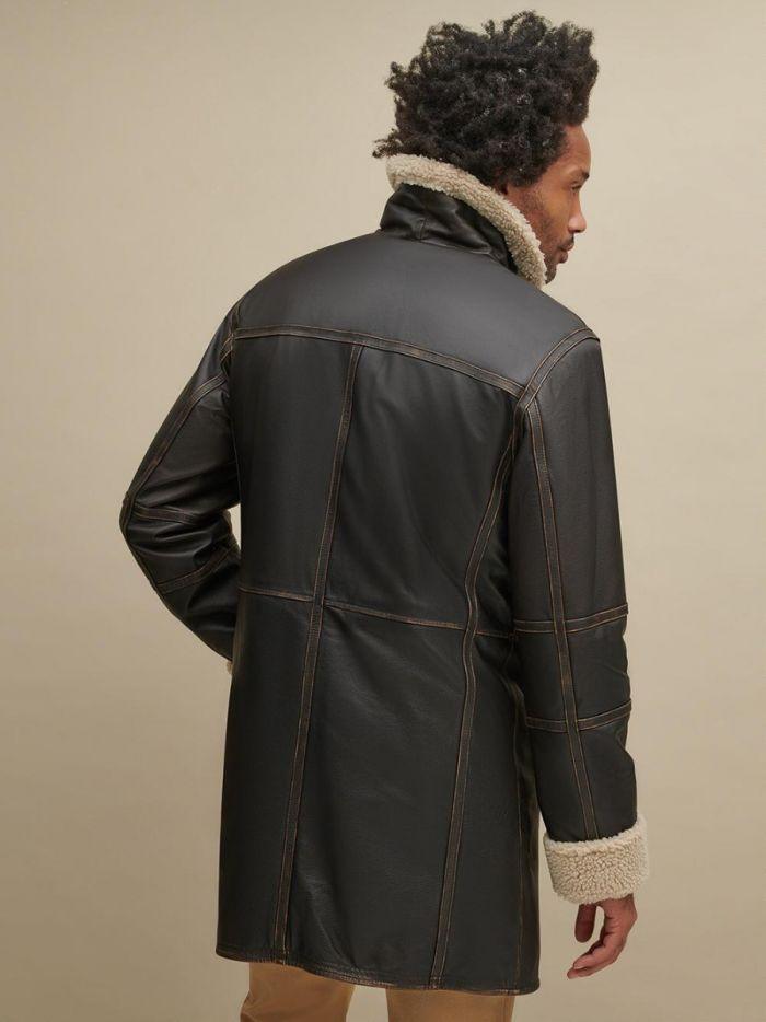 MEN'S CLASSIC BLACK LEATHER FUR COAT - Qawach Leather