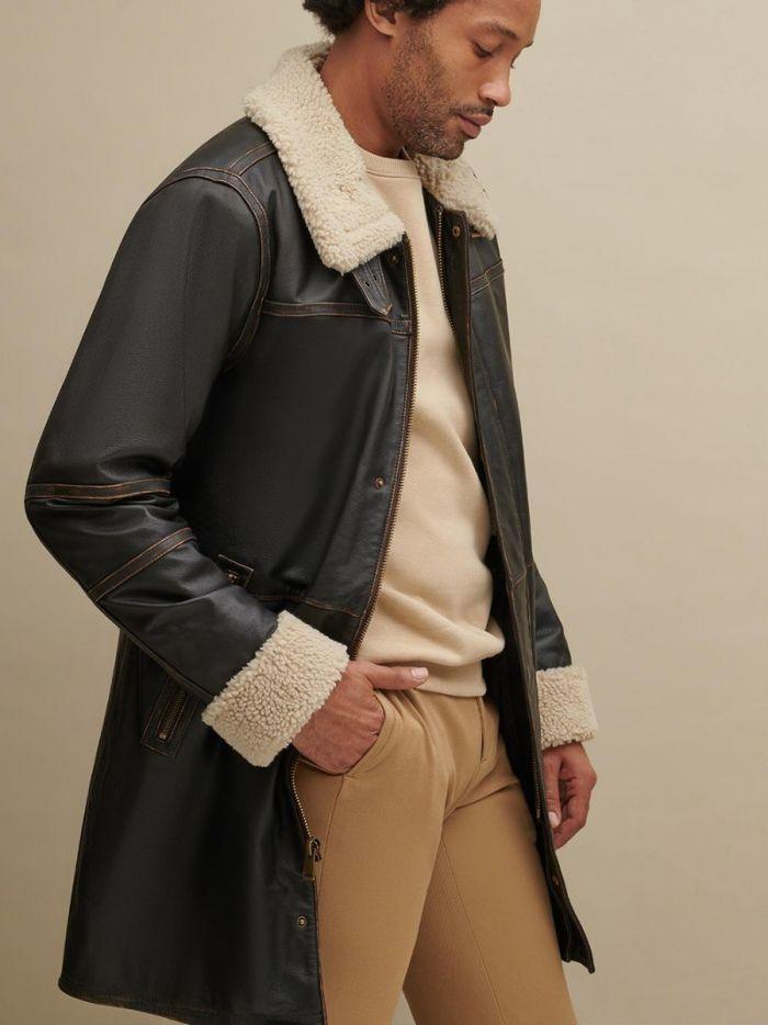 MEN'S CLASSIC BLACK LEATHER FUR COAT - Qawach Leather