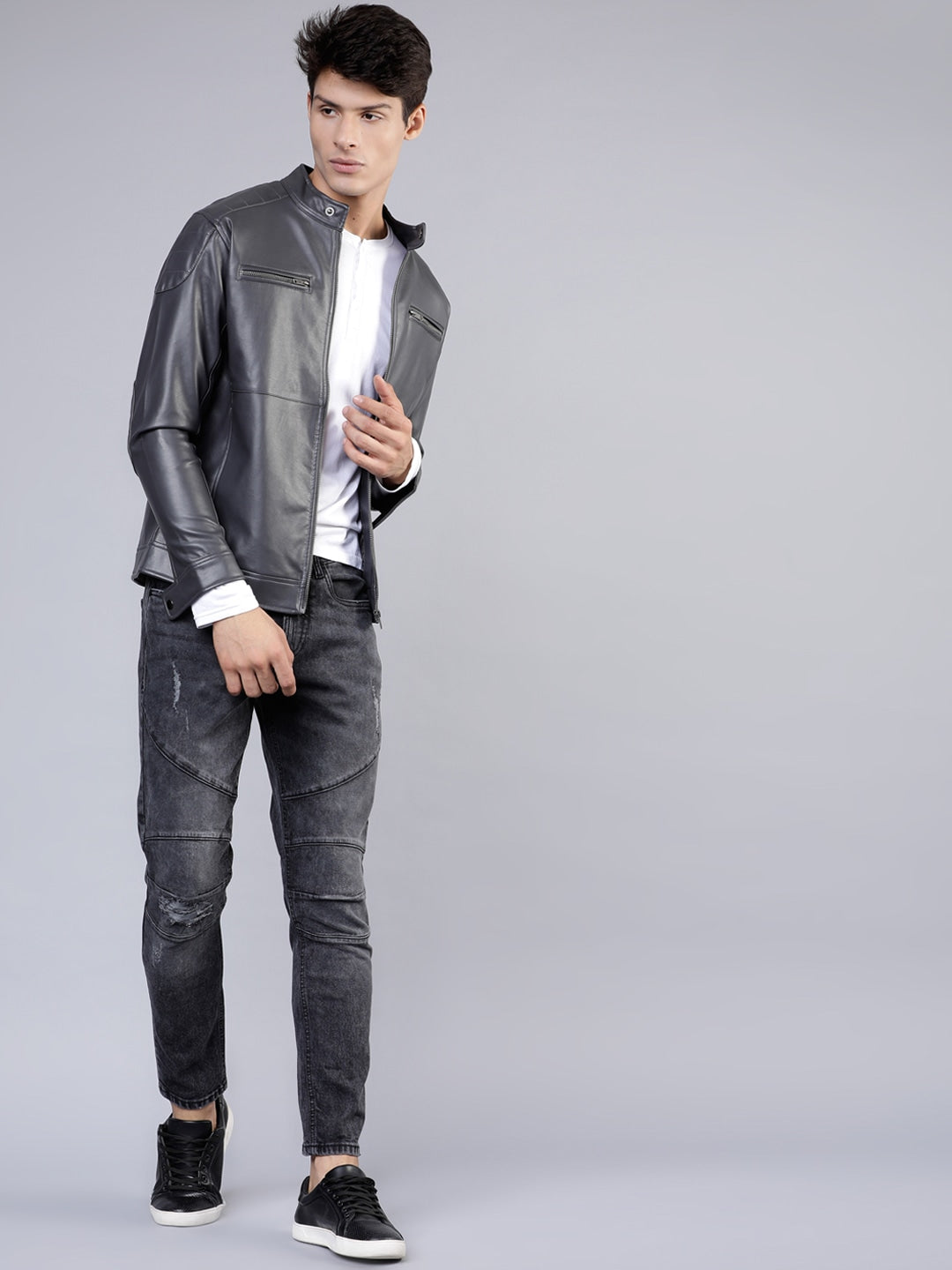 Men Charcoal Grey Leather Biker Jacket | QAWACH