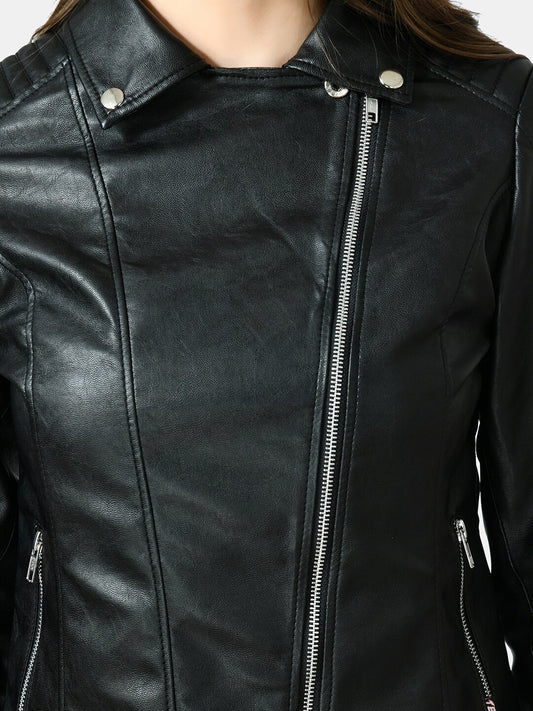 Women Black Lightweight Genuine Leather Crop Jacket | QAWACH