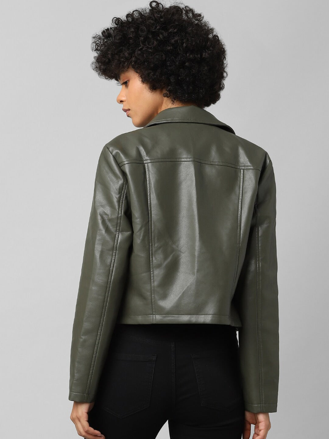 Women Green Crop Biker Leather Jacket | QAWACH
