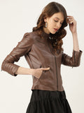 Women Brown Solid Lightweight Leather Jacket | QAWACH