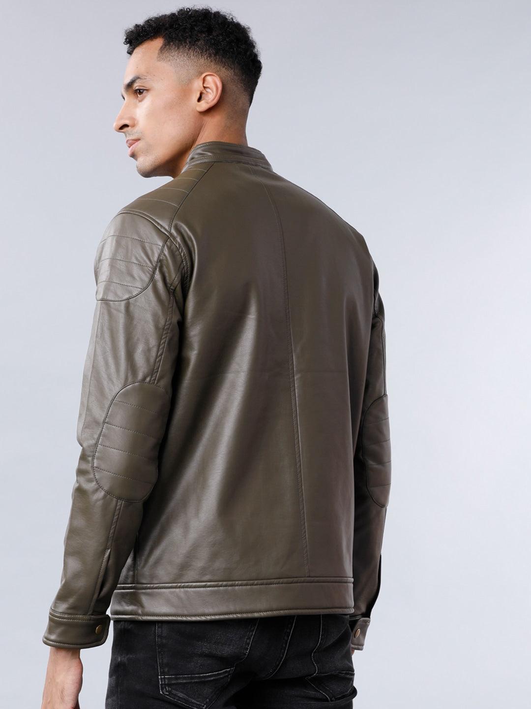Shop Men Olive Green Solid Leather Biker Jacket | QAWACH
