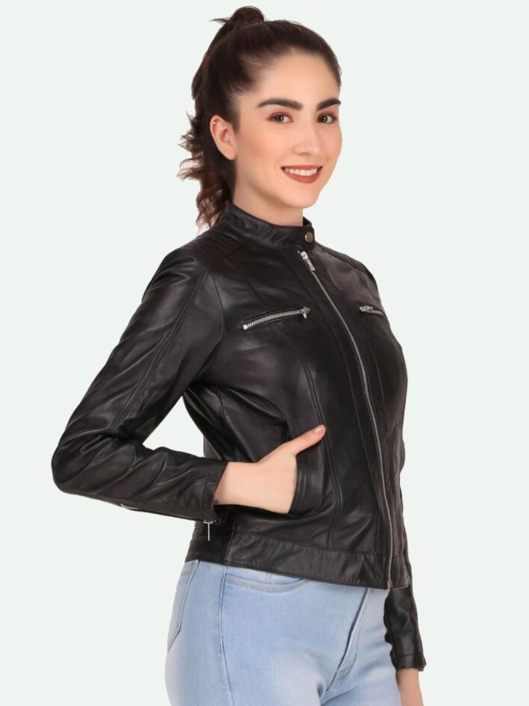 Women Black Leather Crop Outdoor Biker Jacket - Qawach Leather