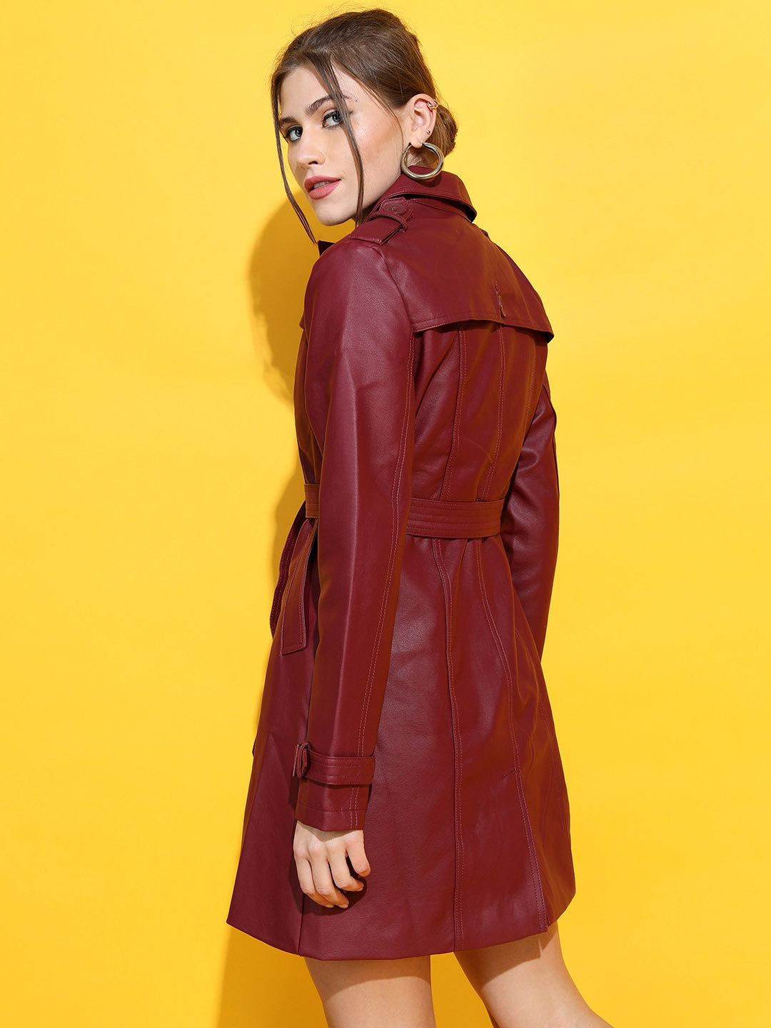 Women Burgundy Faux Leather Longline Jacket | QAWACH