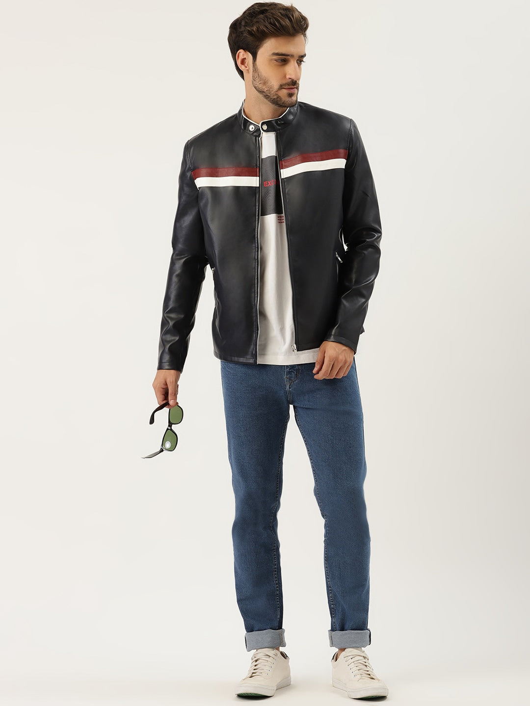 Men Navy Blue Solid Leather Jacket | QAWACH
