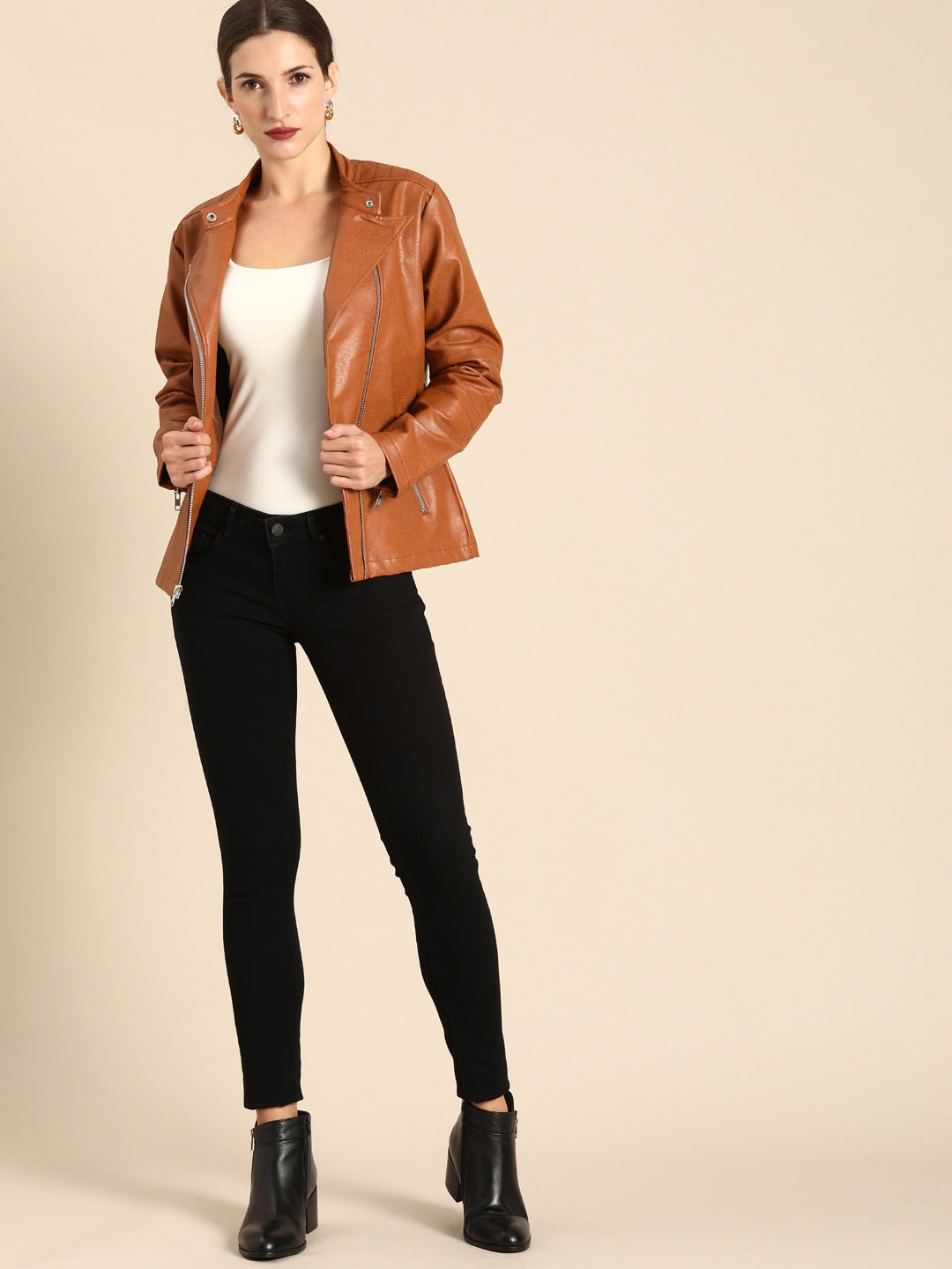 Women Rust Brown Textured Biker Jacket | QAWACH