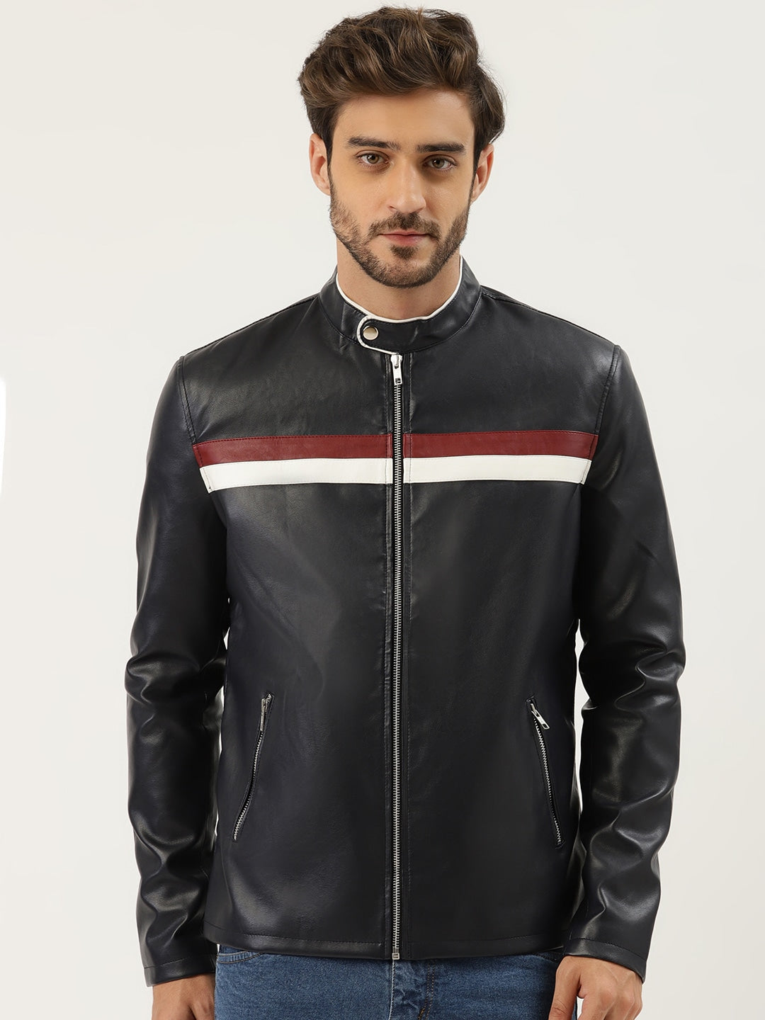 Men Navy Blue Solid Leather Jacket | QAWACH