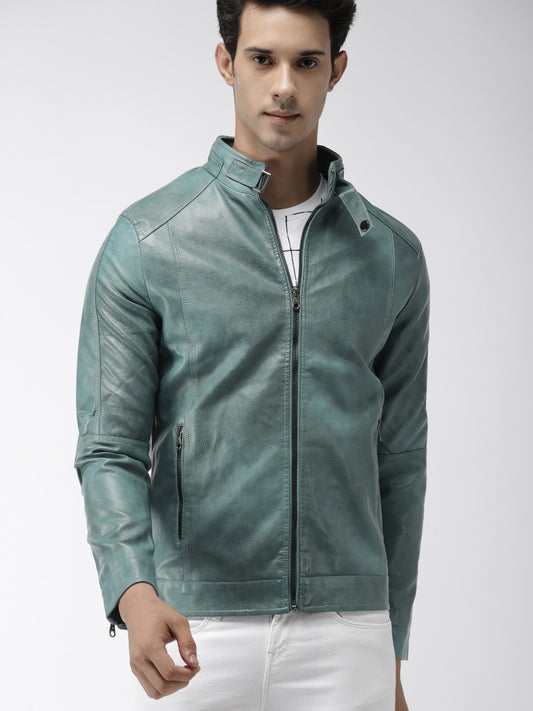 Men Teal Green Solid Biker Jacket | QAWACH