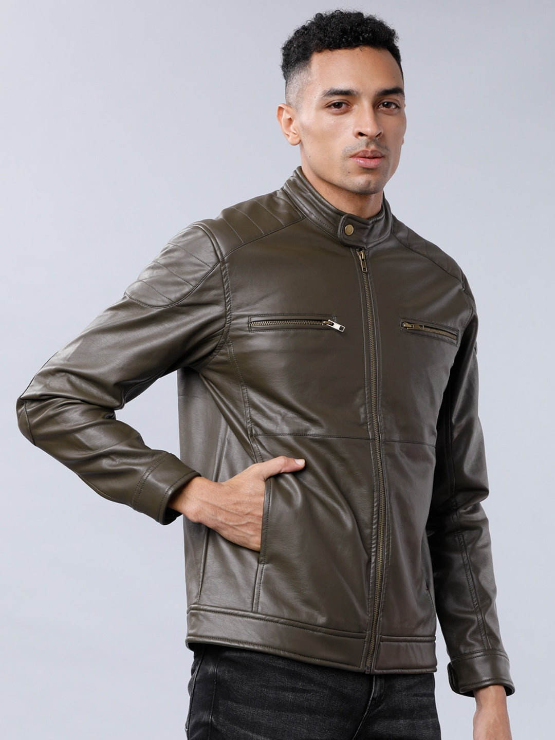 Shop Men Olive Green Solid Leather Biker Jacket | QAWACH