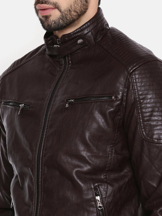 Men Solid Black Biker Leather Jacket | QAWACH