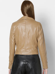 Women Brown Lightweight Crop Biker Jacket | QAWACH