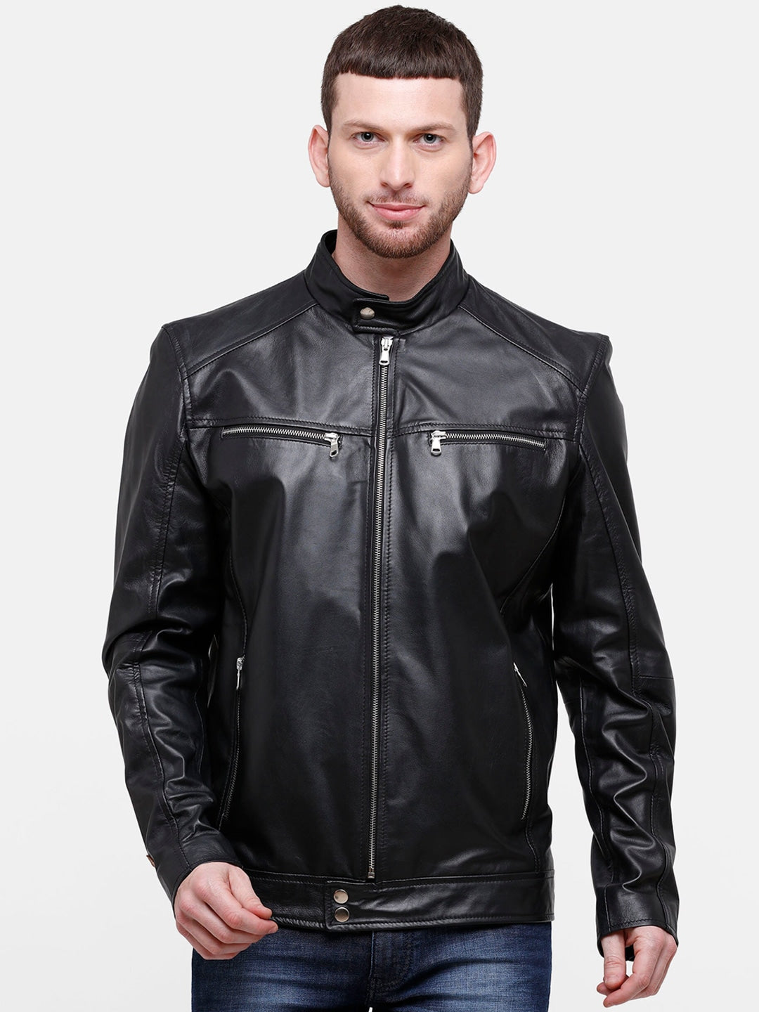 Men Black Solid Leather Biker Jacket | QAWACH