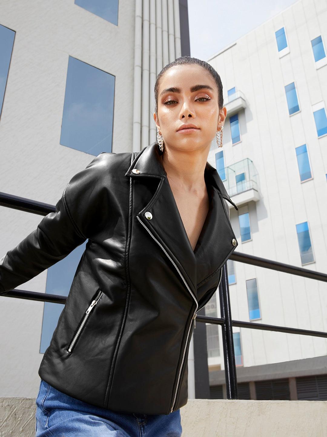 Women Black Biker Jacket - Qawach Leather