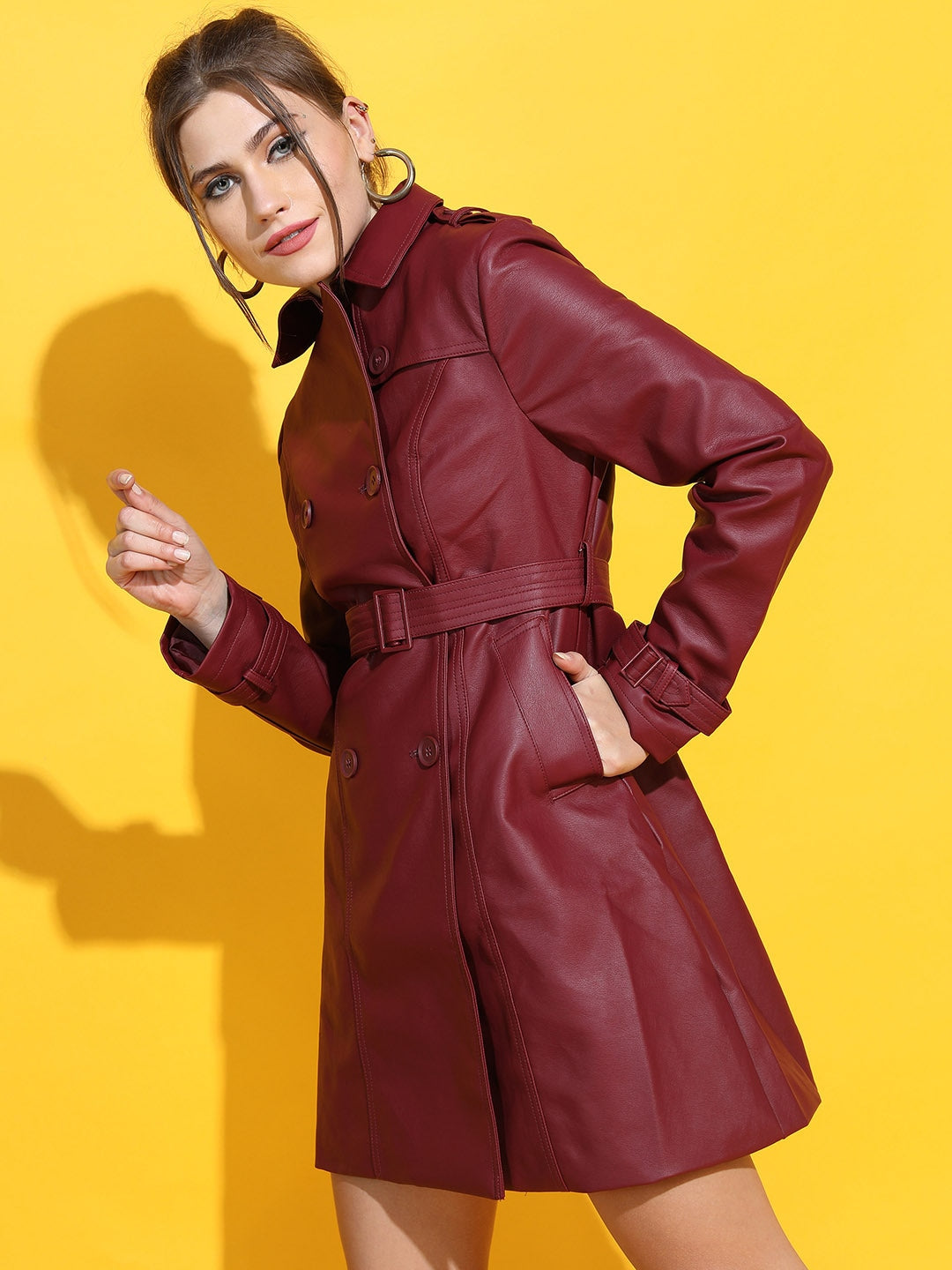 Women Burgundy Faux Leather Longline Jacket | QAWACH