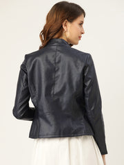 Women Navy Blue Solid Lightweight Leather Jacket | QAWACH
