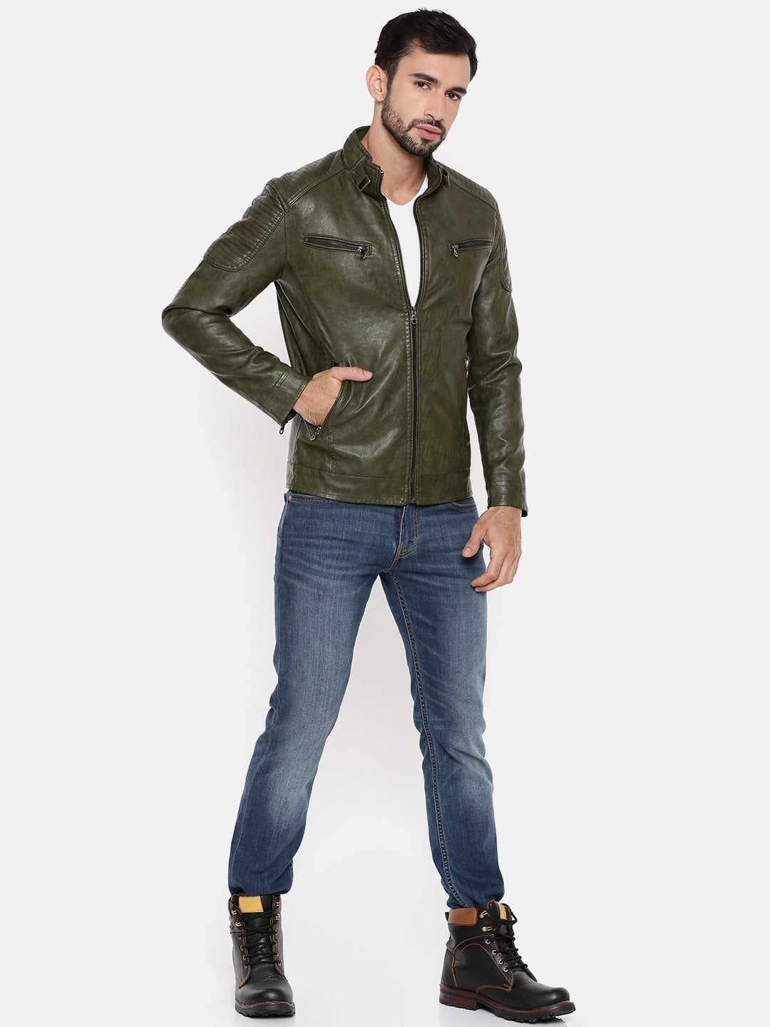 Men Olive Green Solid Biker Jacket | QAWACH