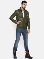 Men Olive Green Solid Biker Jacket | QAWACH