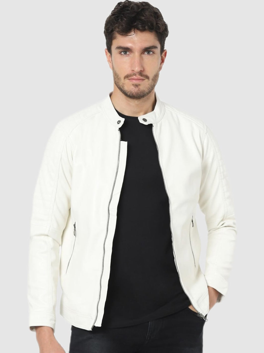 Men White Biker Jacket online | QAWACH