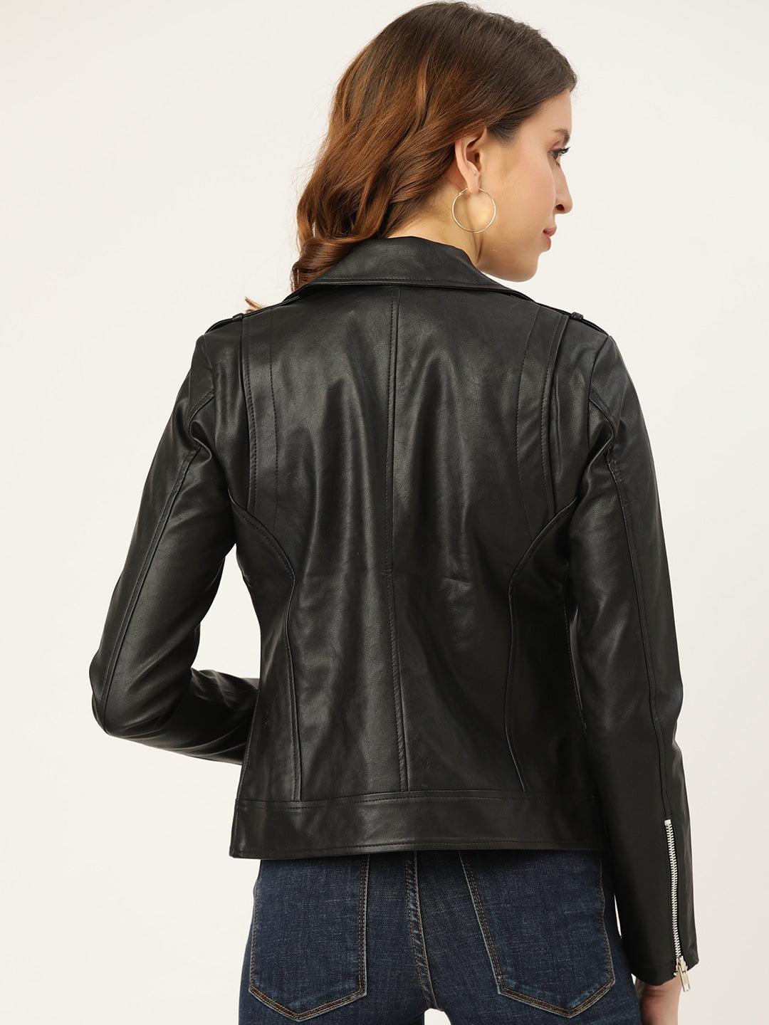 Women Black Solid Asymmetric Closure Leather Biker Jacket - Qawach Leather