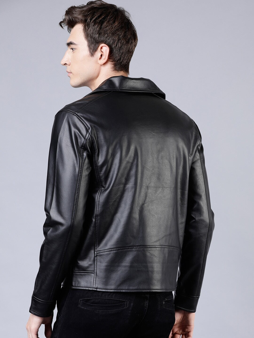 Men Black Solid Biker Leather Jacket