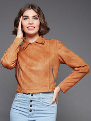 Women Orange Camouflage Crop Biker Jacket | QAWACH