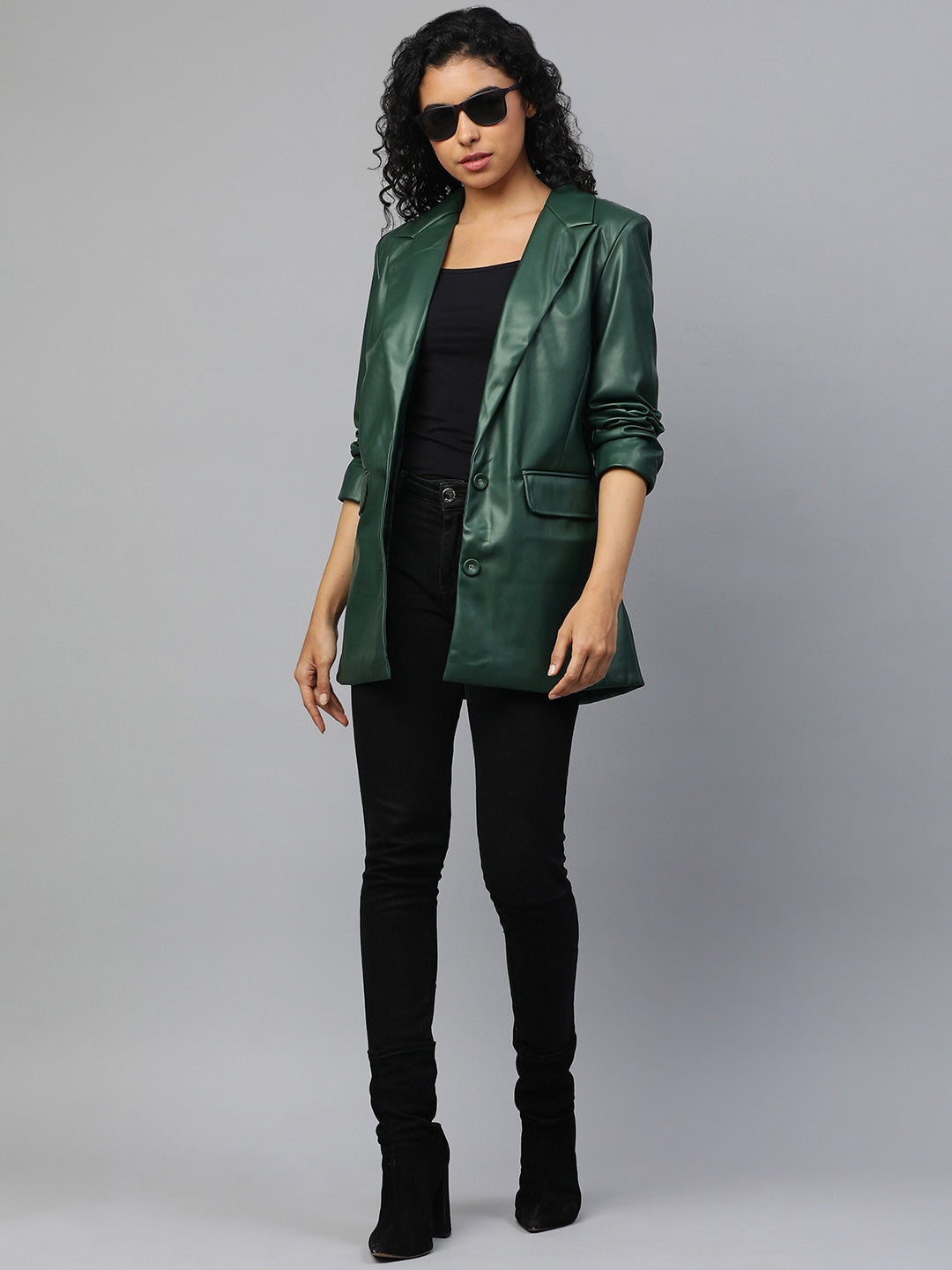 Genuine Leather Oversized Blazer D Green | QAWACH